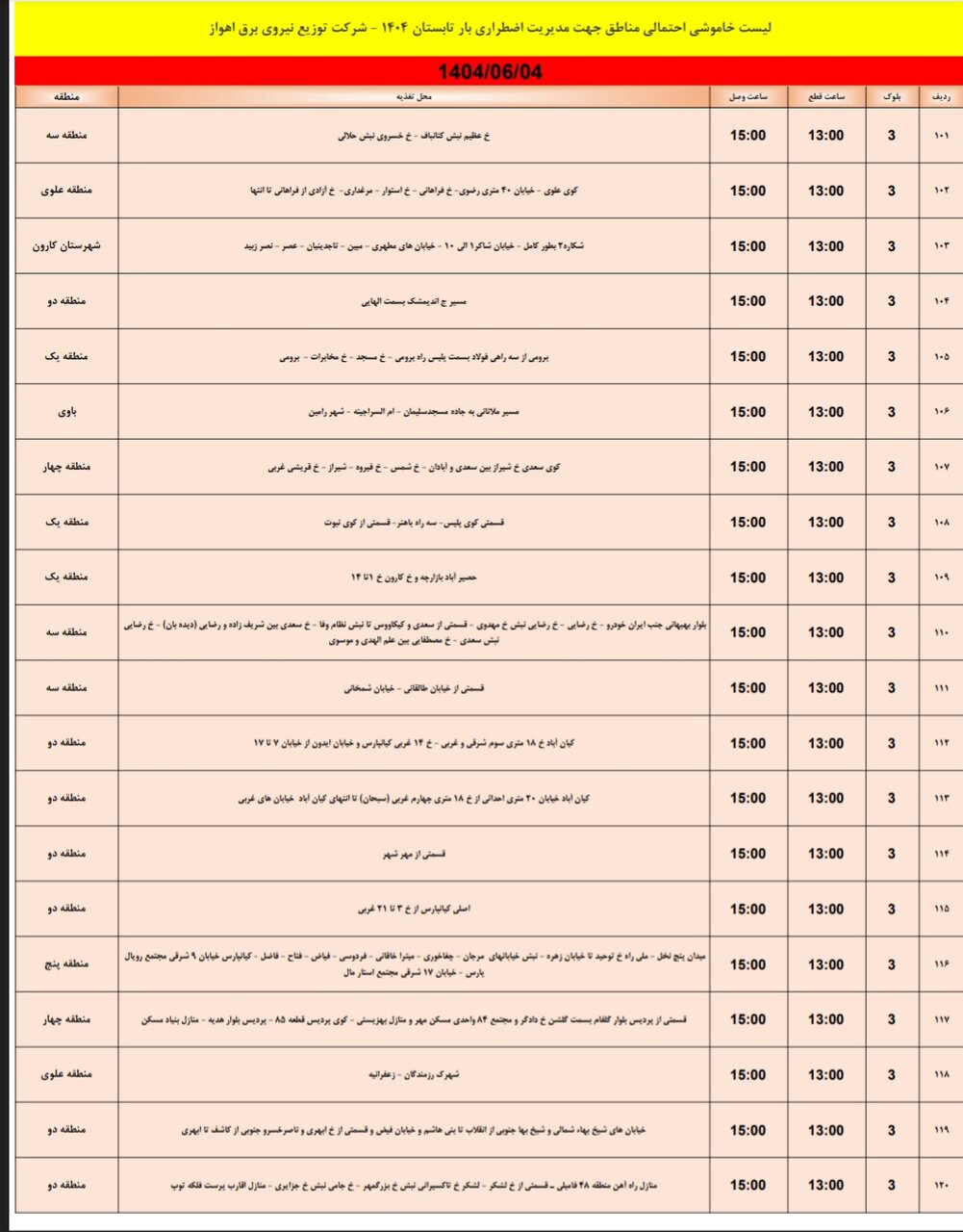 جدول خاموشی