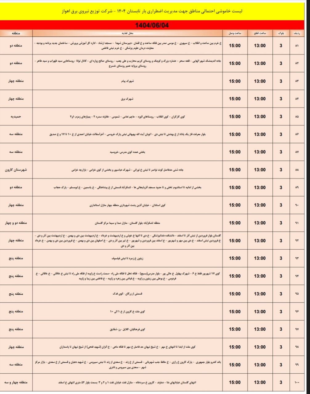 جدول خاموشی