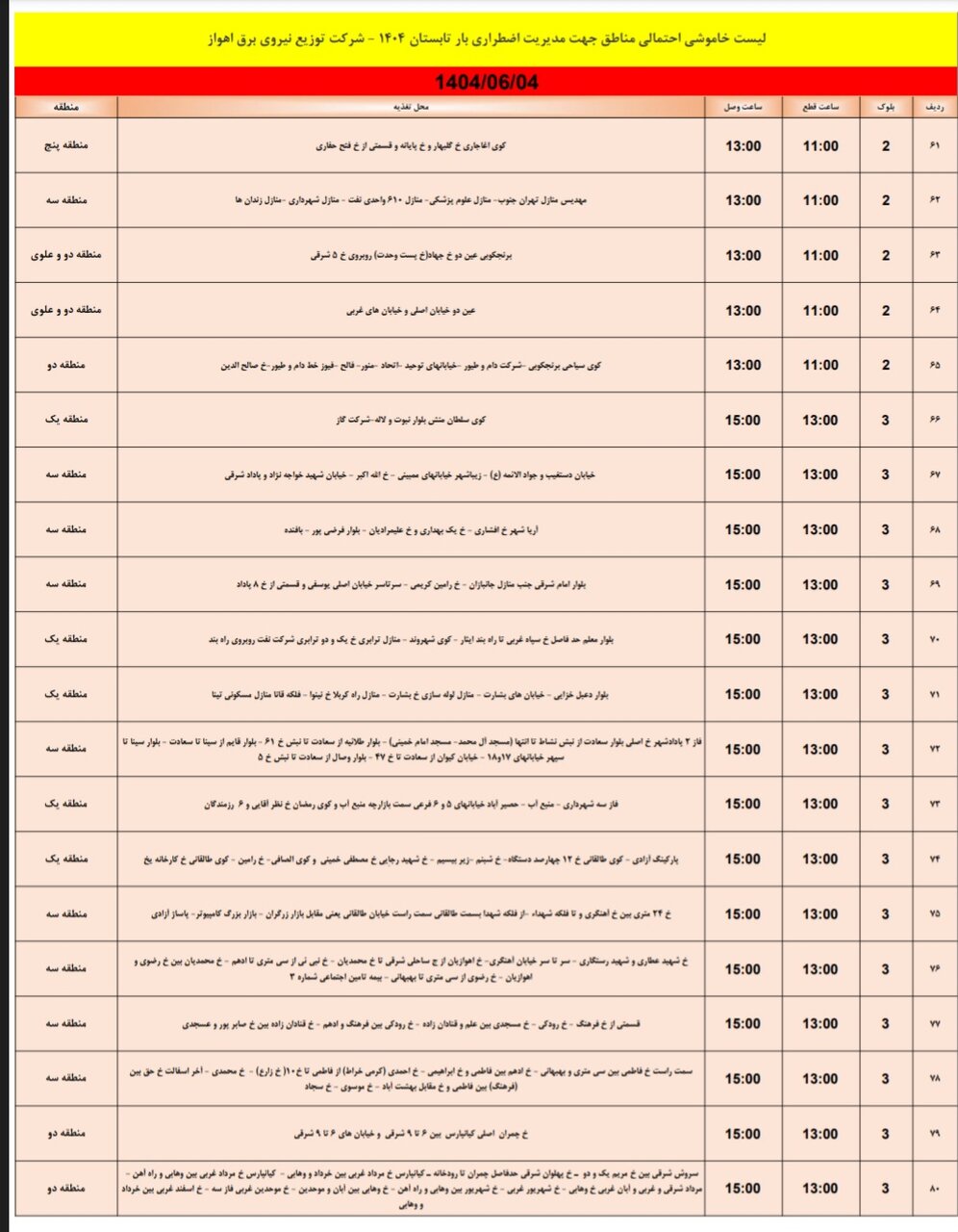 جدول خاموشی