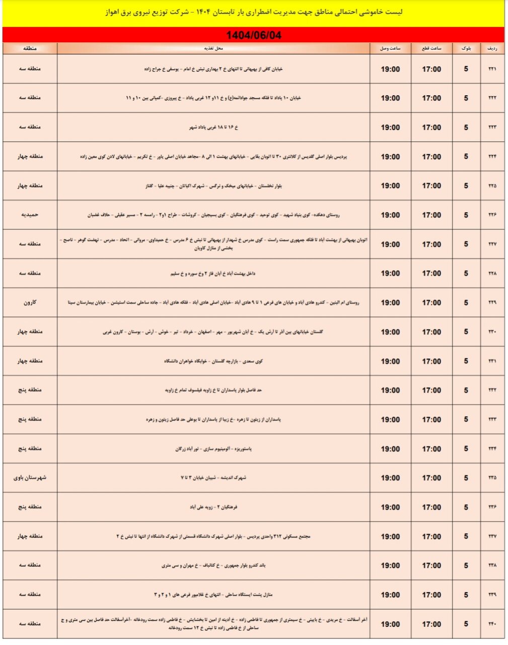 جدول خاموشی