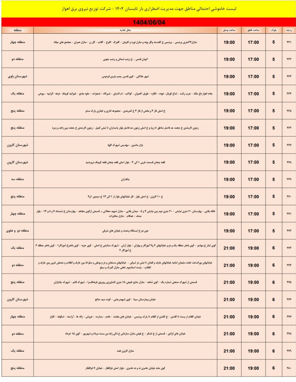 جدول خاموشی