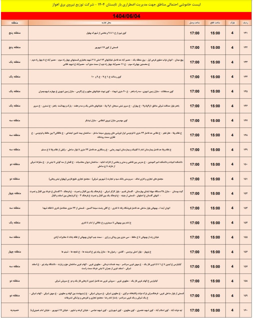 جدول خاموشی