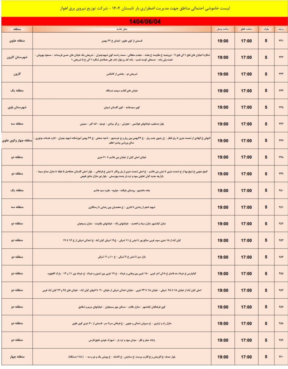 جدول خاموشی
