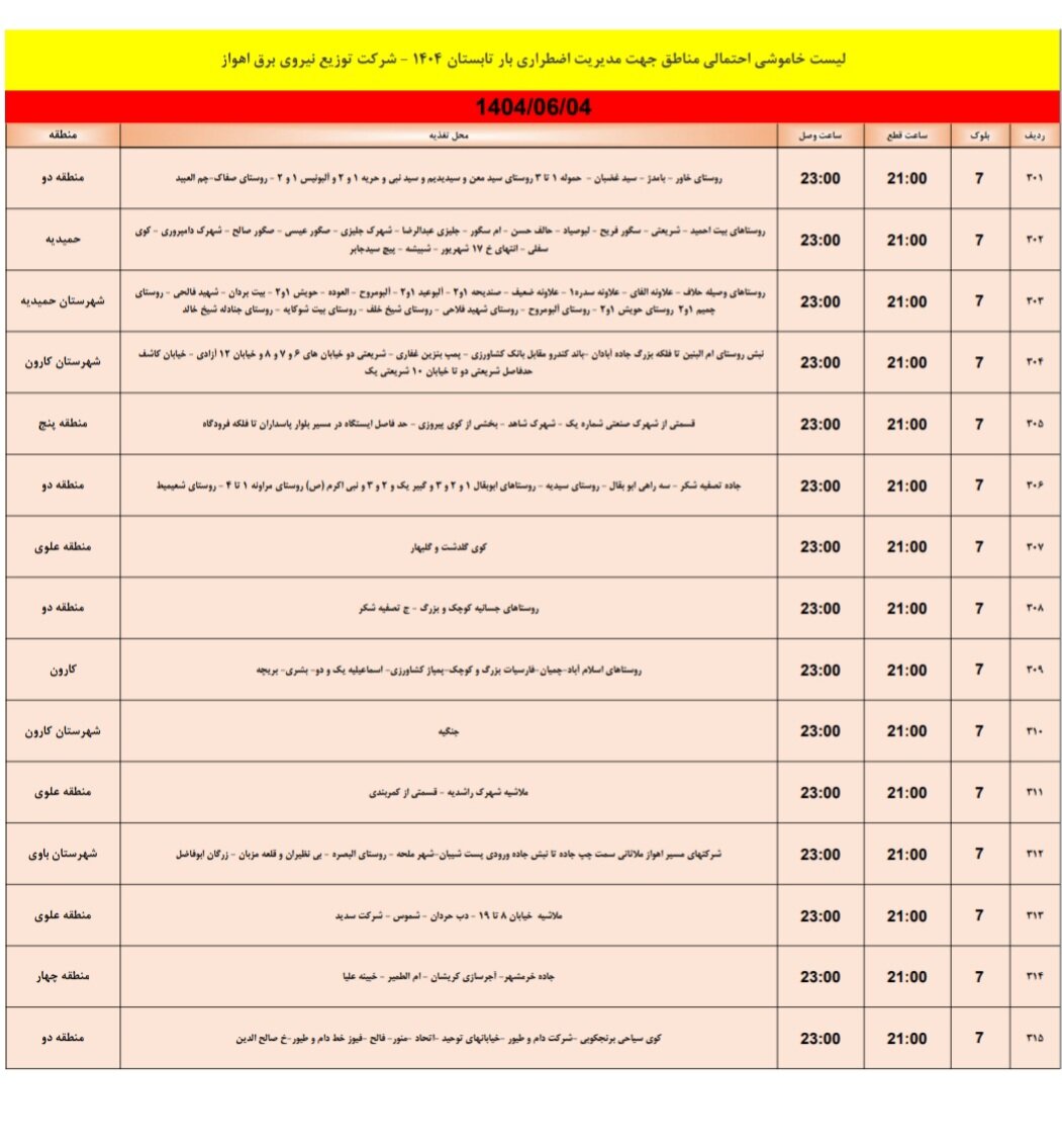 جدول خاموشی جدول خاموشی