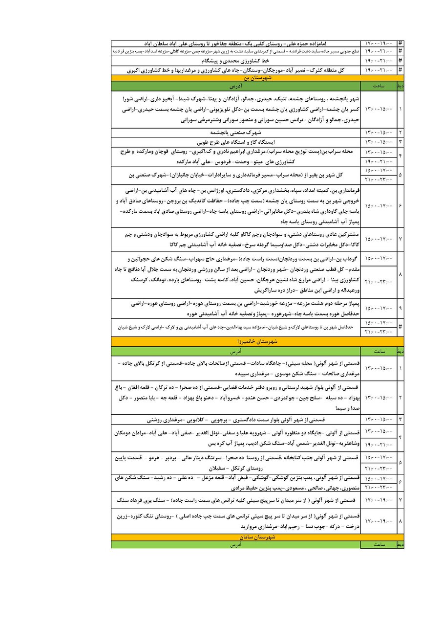 برنامه قطعی برق چهارمحال و بختیاری چهارشنبه ۵ شهریور + جدول