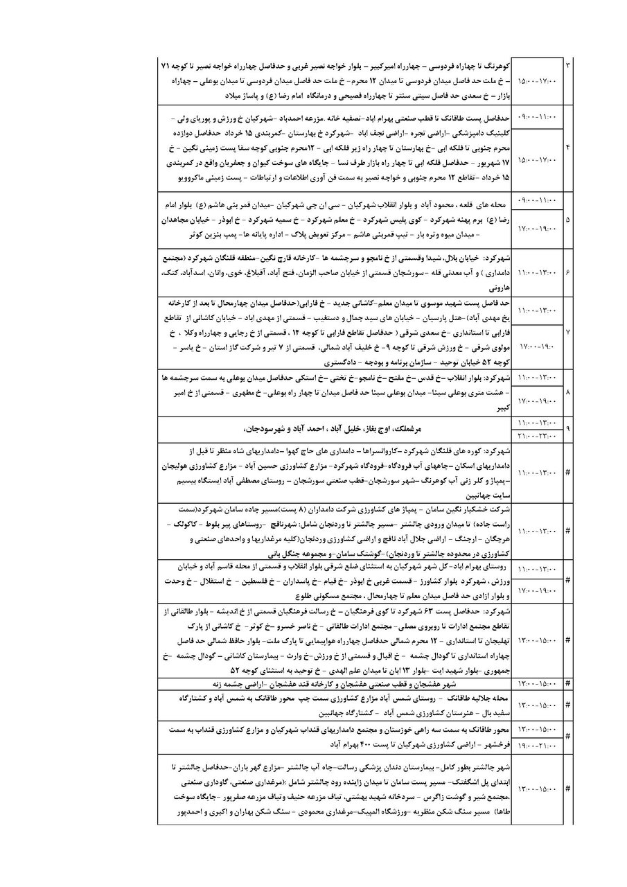 برنامه قطعی برق چهارمحال و بختیاری چهارشنبه ۵ شهریور + جدول