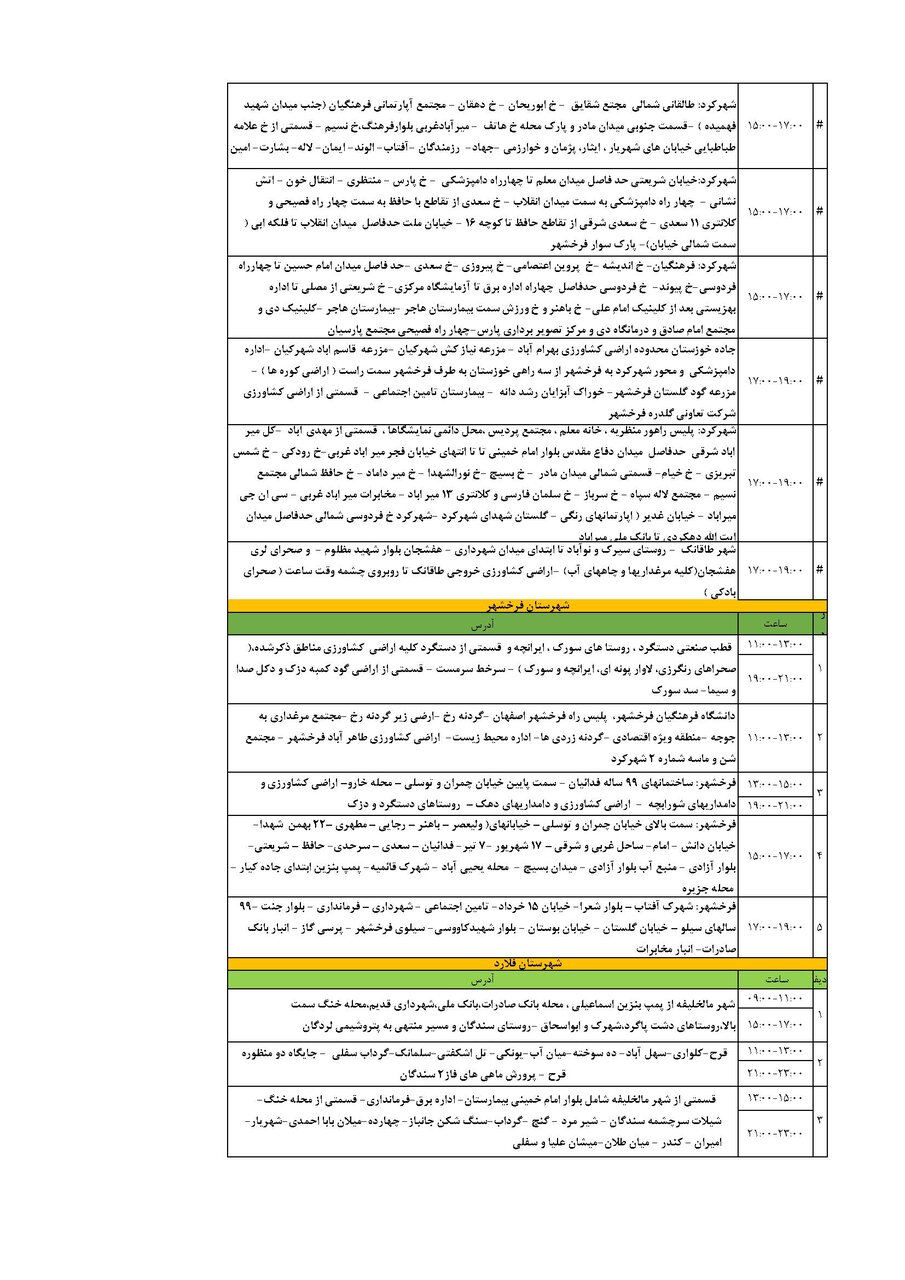 برنامه قطعی برق چهارمحال‌ و بختیاری‌ چهارشنبه ۵ شهریور + جدول