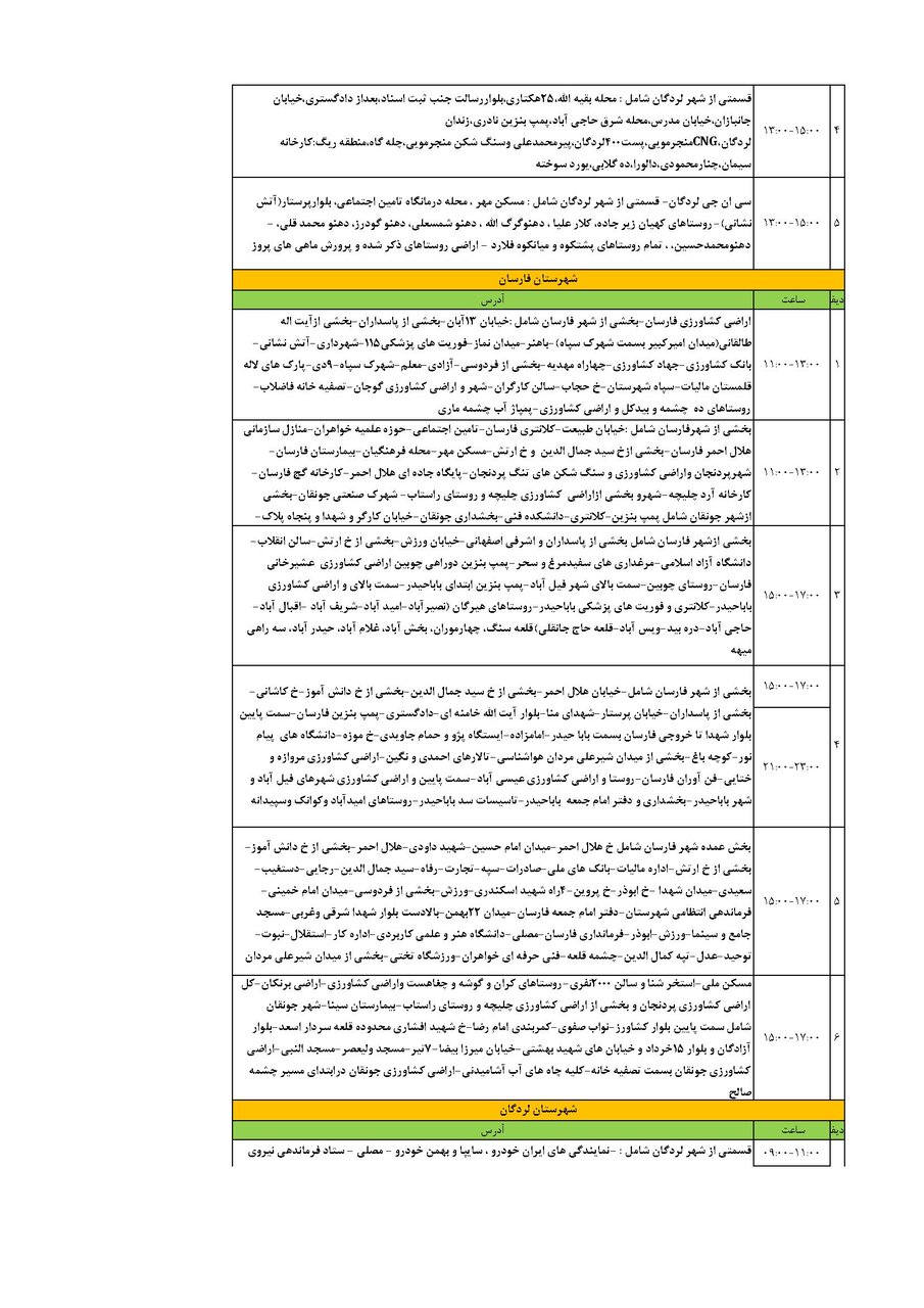 برنامه قطعی برق چهارمحال‌ و بختیاری‌ چهارشنبه ۵ شهریور + جدول