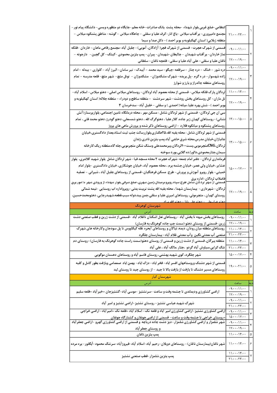 برنامه قطعی برق چهارمحال و بختیاری چهارشنبه ۵ شهریور + جدول