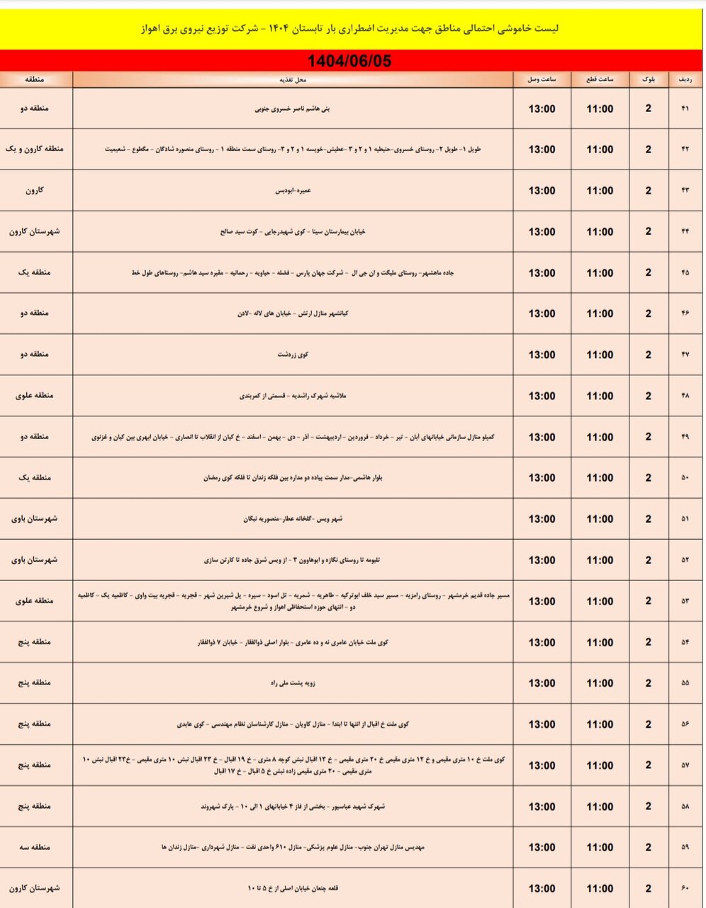 جدول خاموشی