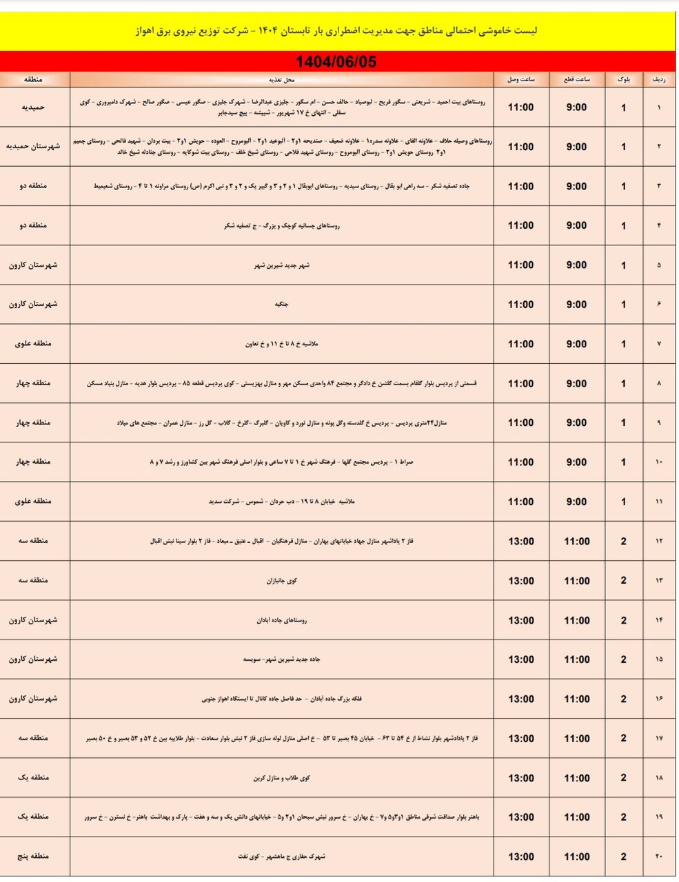 جدول خاموشی