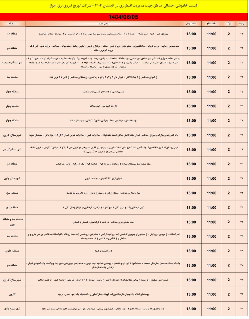 جدول خاموشی