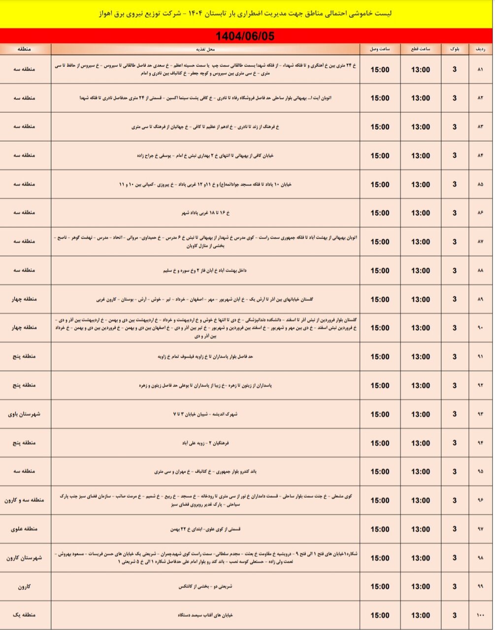 جدول خاموشی