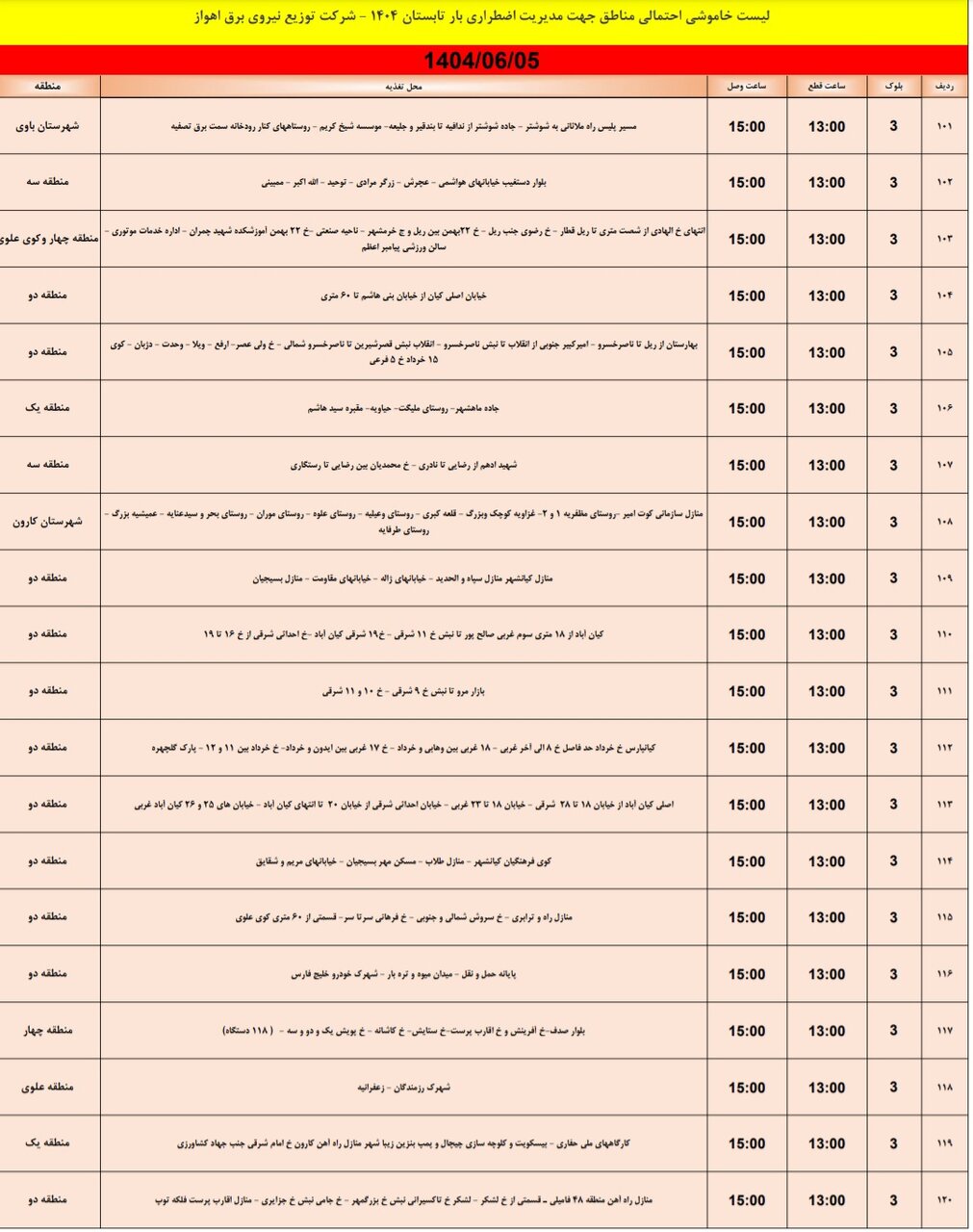 جدول خاموشی