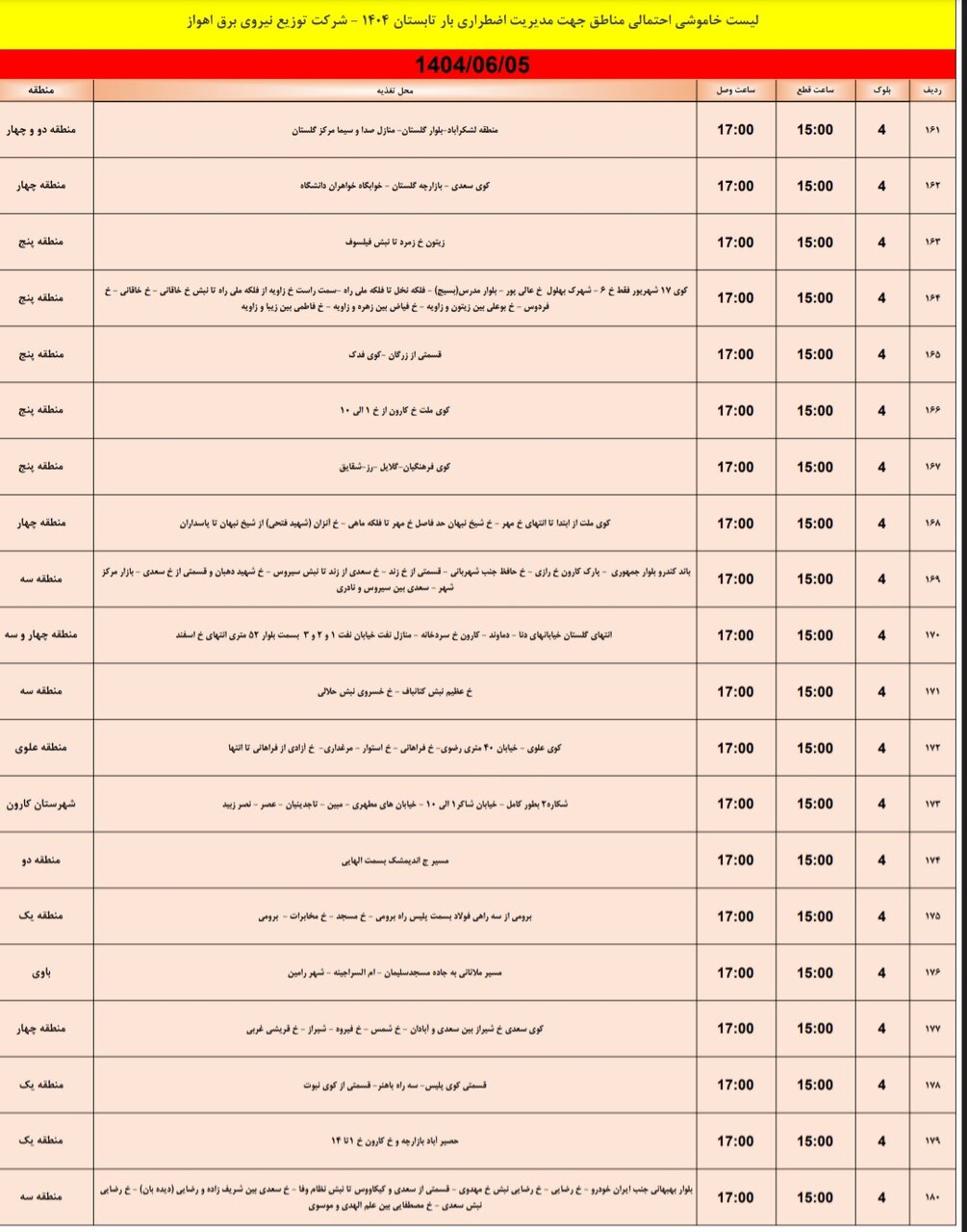 جدول خاموشی