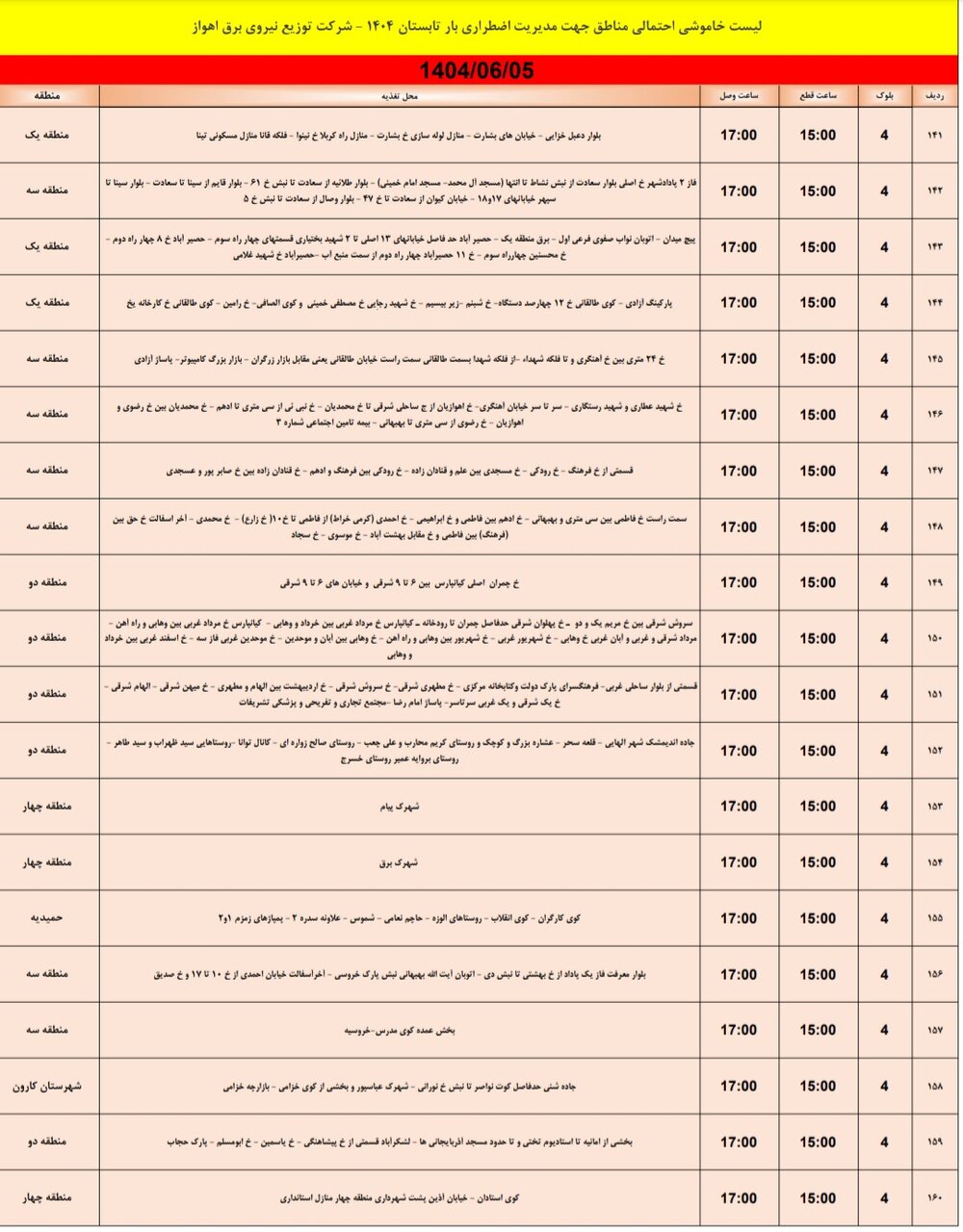 جدول خاموشی