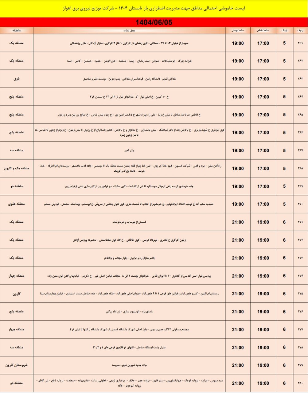 جدول خاموشی