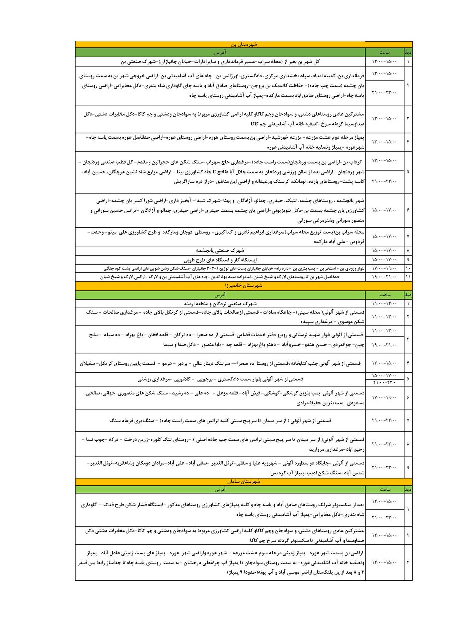 برنامه قطعی برق چهارمحال‌ و بختیاری‌ پنجشنبه ۶ شهریور + جدول
