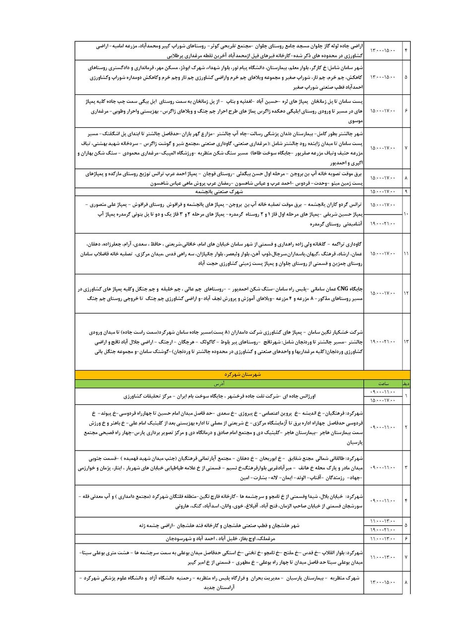 برنامه قطعی برق چهارمحال‌ و بختیاری‌ پنجشنبه ۶ شهریور + جدول