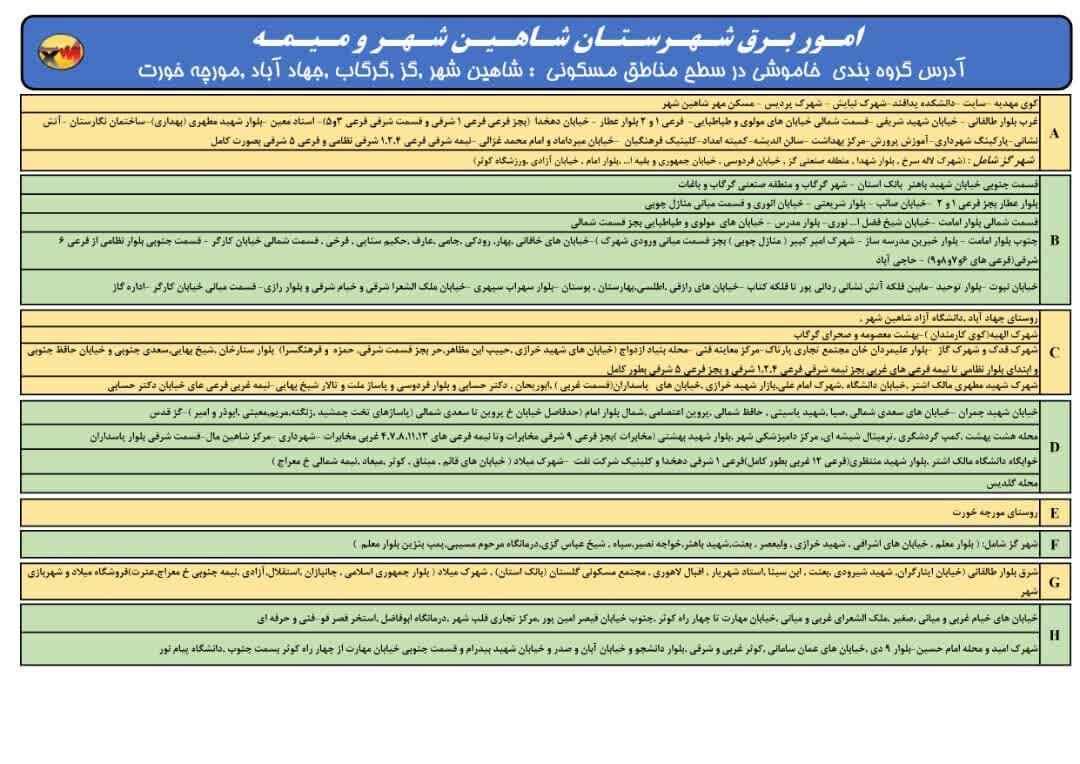 قطعی برق شاهین شهر فردا پنجشنبه ۶ شهریور ۱۴۰۴ + جدول