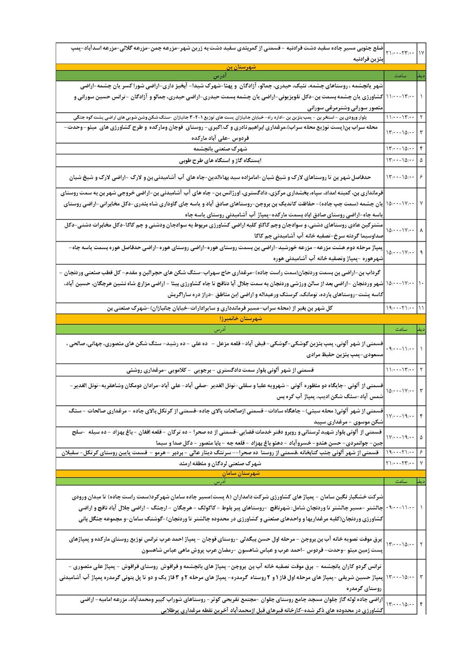 برنامه قطعی برق چهارمحال و بختیاری جمعه ۷ شهریور + جدول