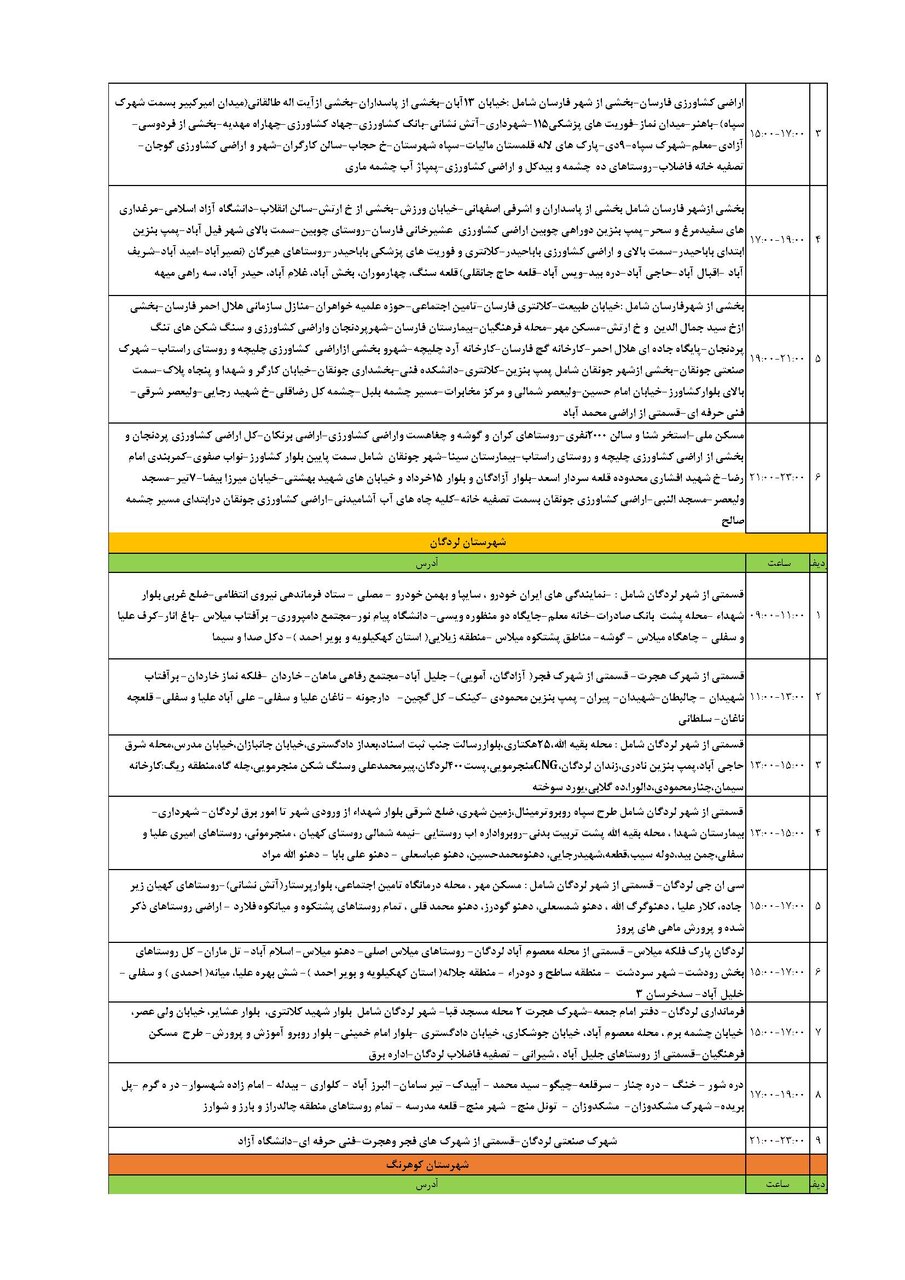 برنامه قطعی برق چهارمحال‌ و بختیاری‌ جمعه ۷ شهریور + جدول