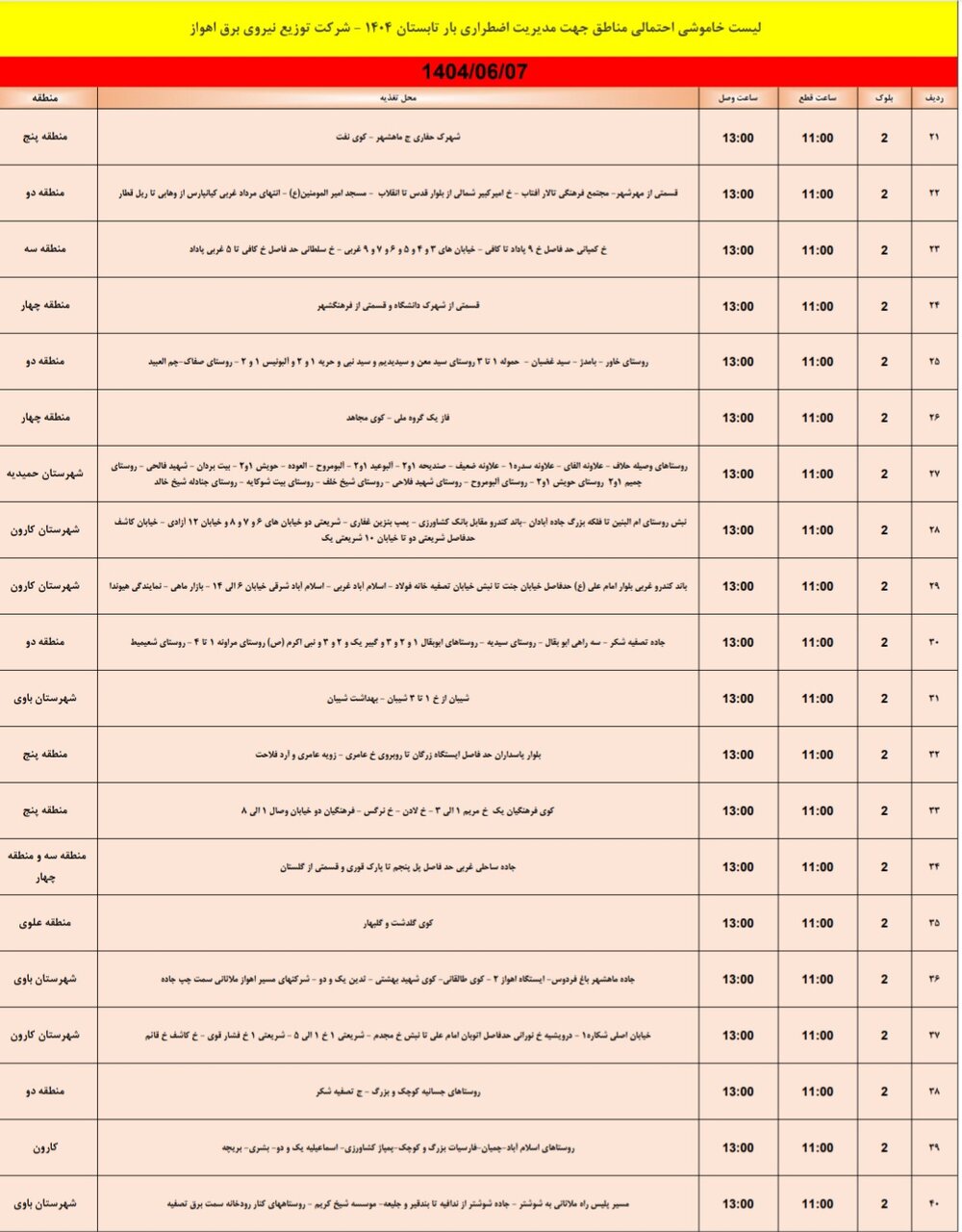 جدول خاموشی جمعه هفتم شهریور جدول خاموشی جمعه هفتم شهریور