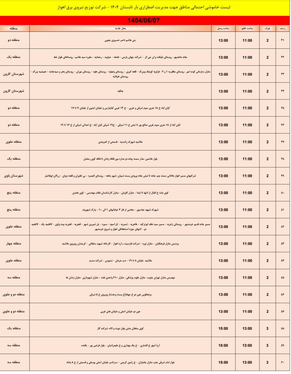 جدول خاموشی جمعه هفتم شهریور جدول خاموشی جمعه هفتم شهریور