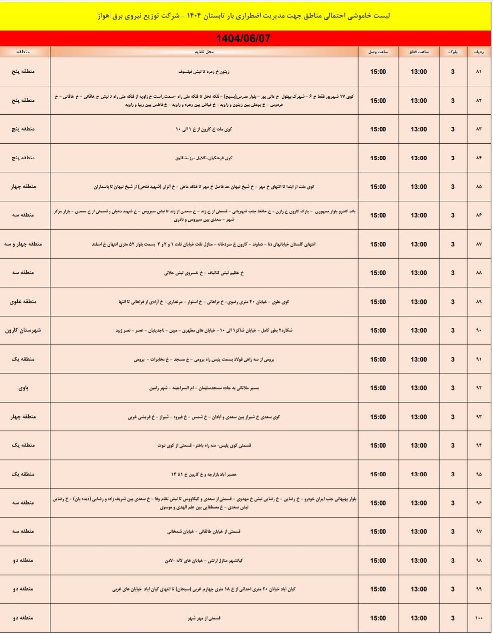جدول خاموشی جمعه هفتم شهریور جدول خاموشی جمعه هفتم شهریور