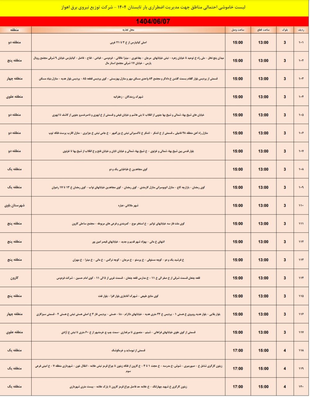 جدول خاموشی جمعه هفتم شهریور جدول خاموشی جمعه هفتم شهریور