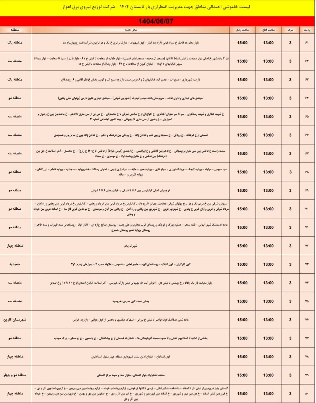 جدول خاموشی جمعه هفتم شهریور جدول خاموشی جمعه هفتم شهریور