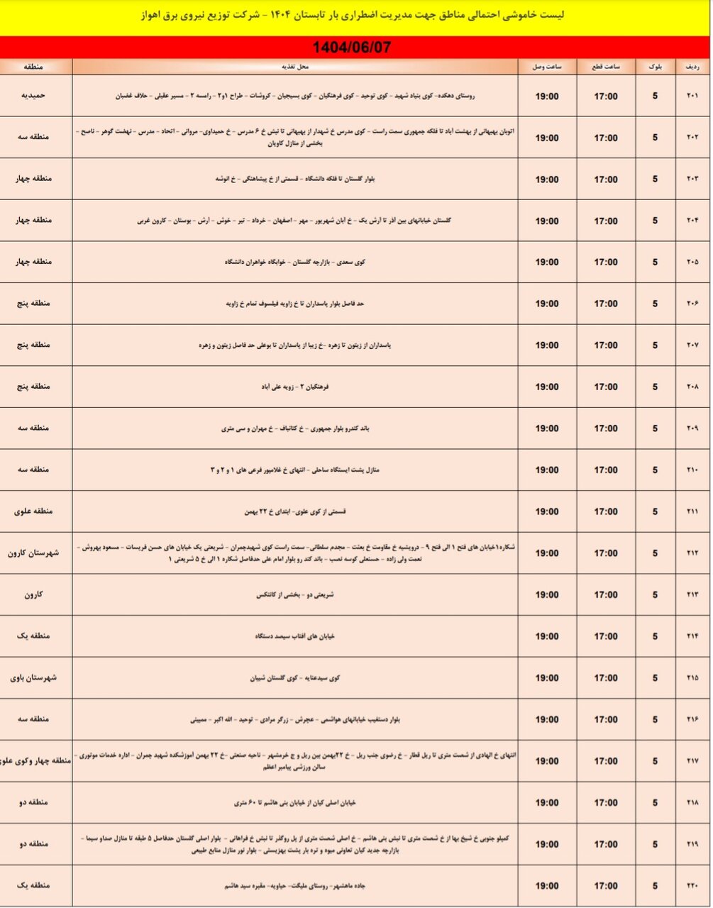 جدول خاموشی جمعه هفتم شهریور جدول خاموشی جمعه هفتم شهریور