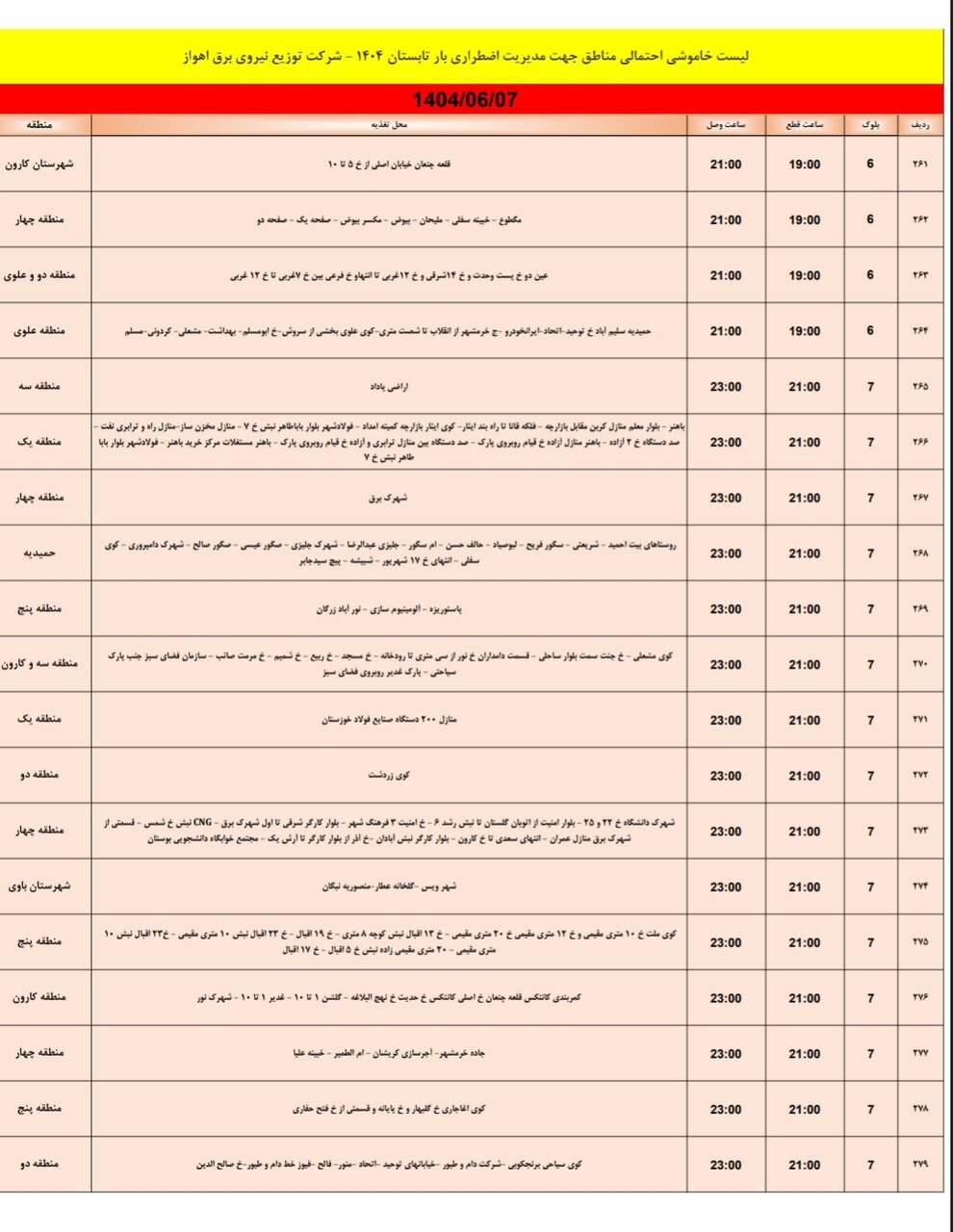 جدول خاموشی جمعه هفتم شهریور جدول خاموشی جمعه هفتم شهریور