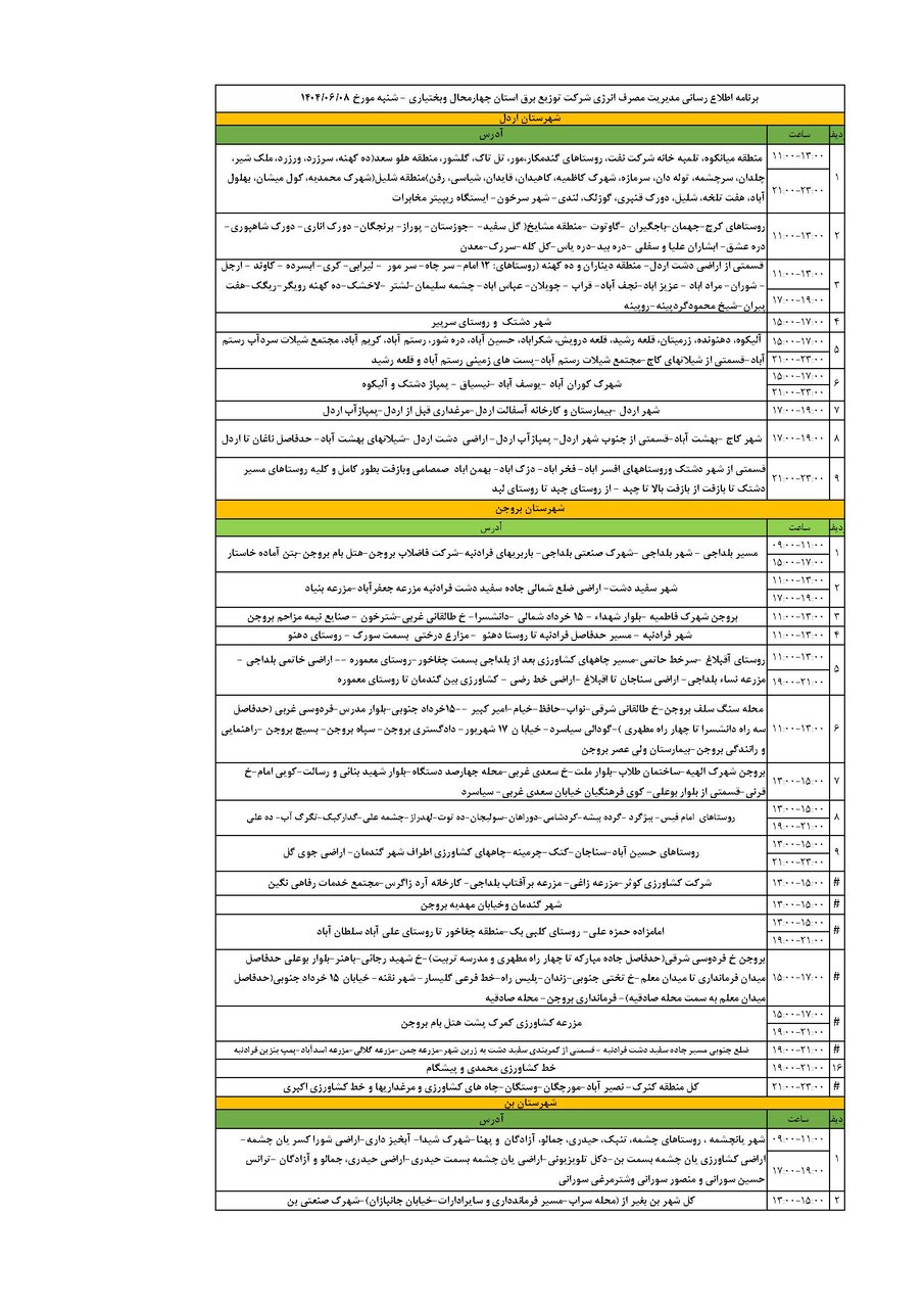 برنامه قطعی برق چهارمحال‌ و بختیاری‌ شنبه ۸ شهریور + جدول