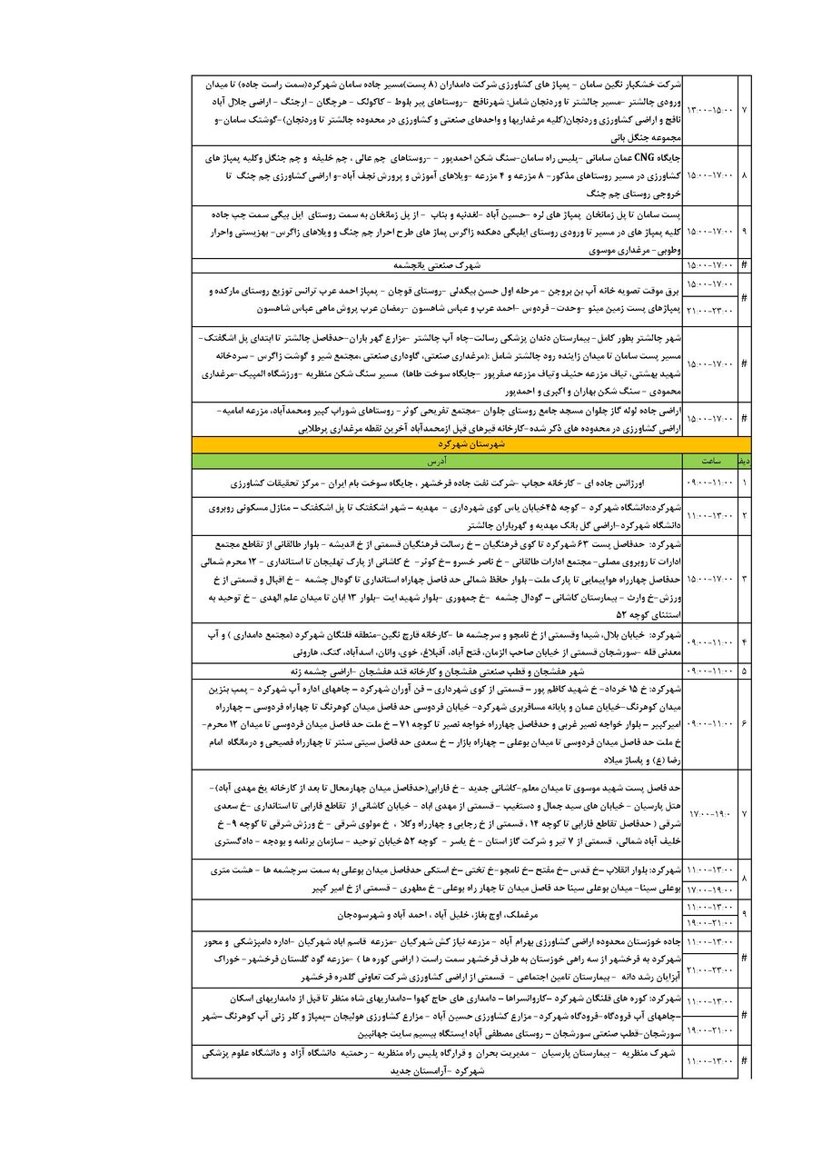 برنامه قطعی برق چهارمحال‌ و بختیاری‌ شنبه ۸ شهریور + جدول