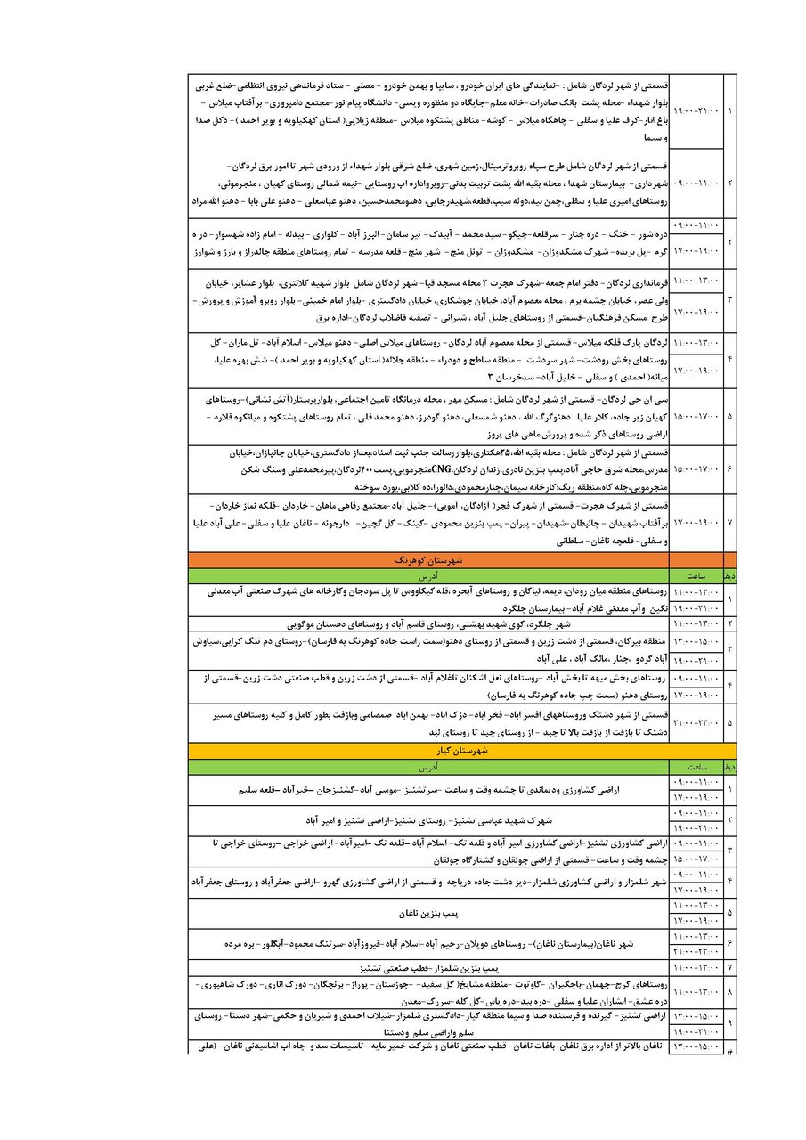 برنامه قطعی برق چهارمحال‌ و بختیاری‌ شنبه ۸ شهریور + جدول