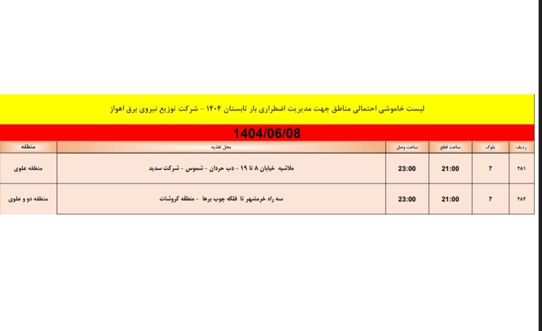 جدول خاموشی جدول خاموشی