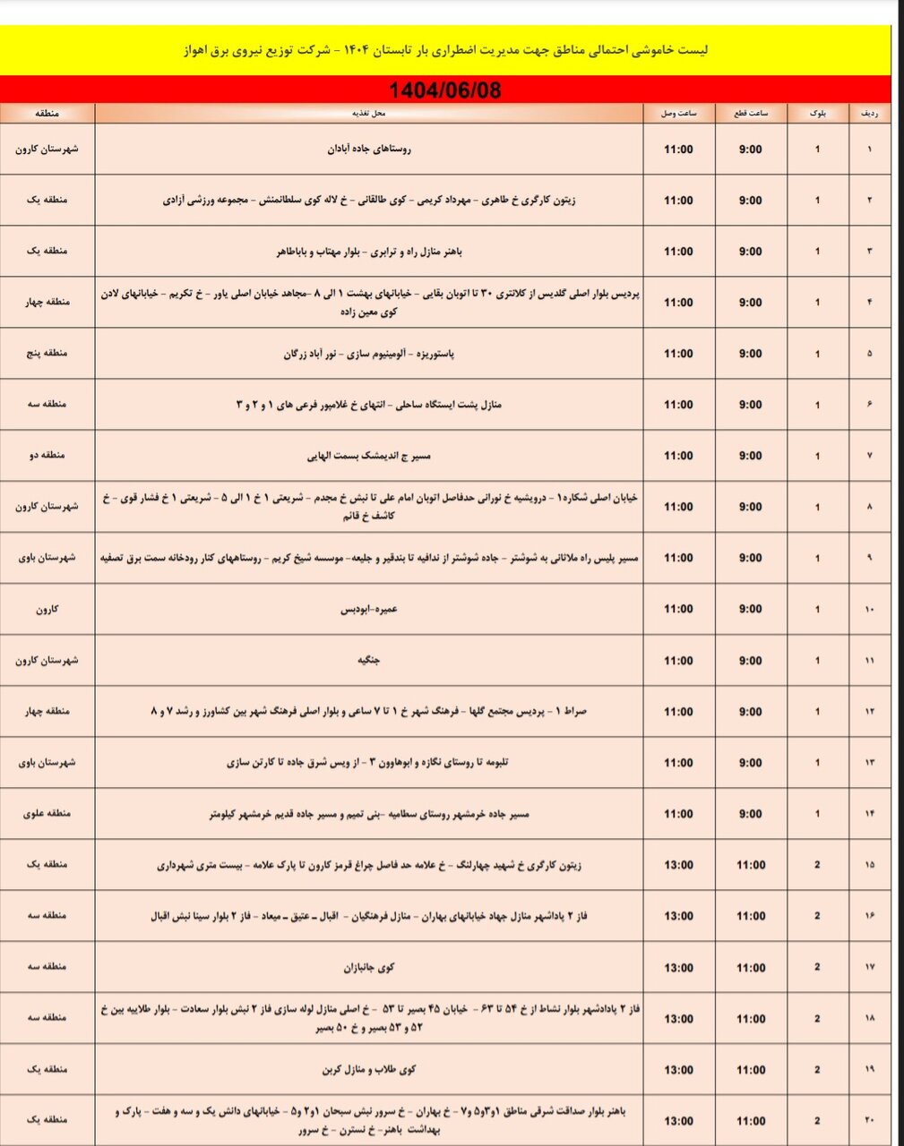 جدول خاموشی جدول خاموشی