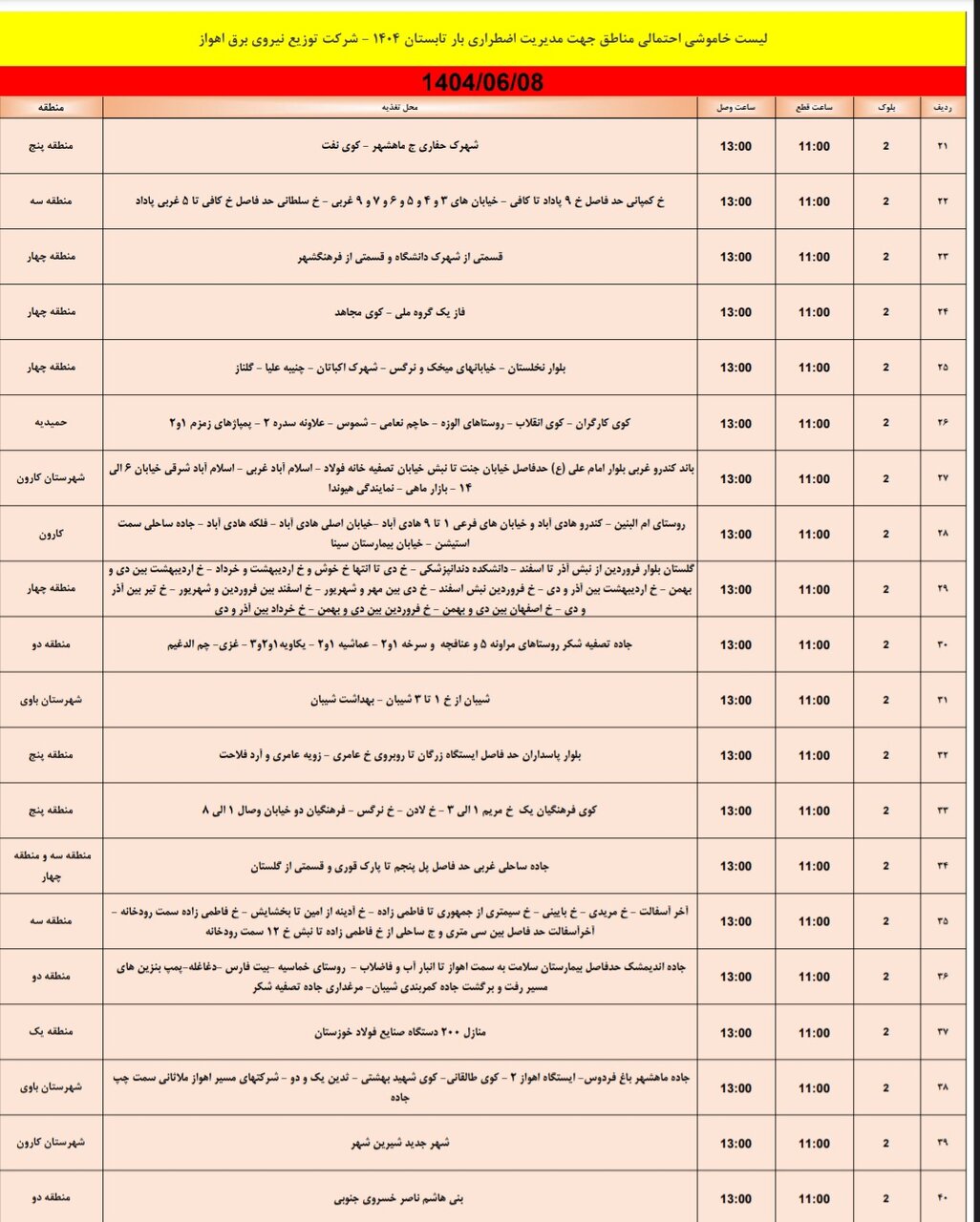 جدول خاموشی جدول خاموشی