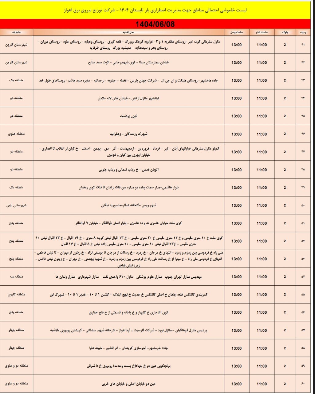 جدول خاموشی جدول خاموشی