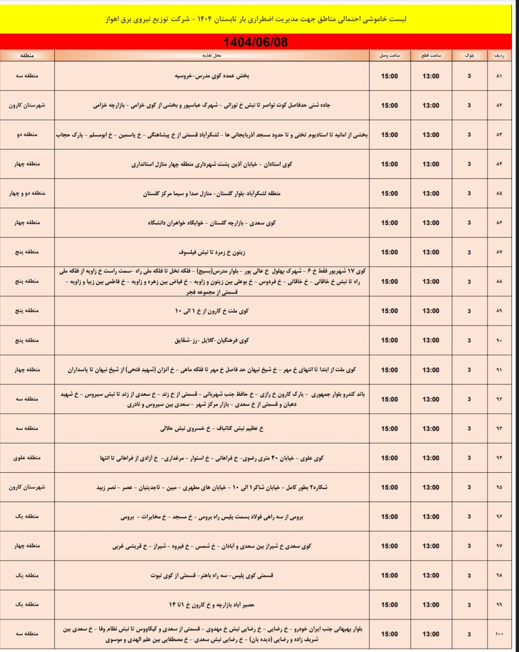 جدول خاموشی جدول خاموشی