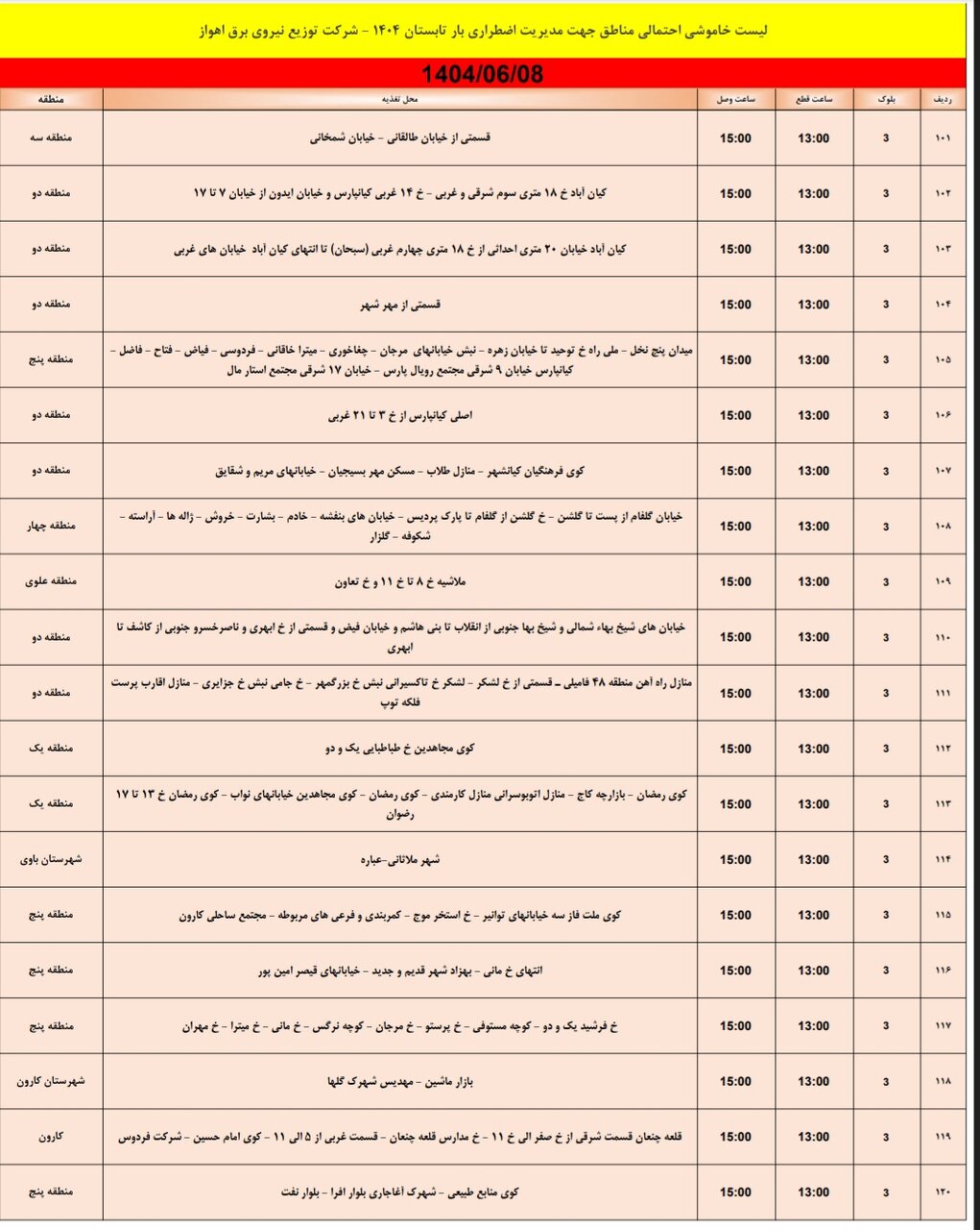جدول خاموشی جدول خاموشی