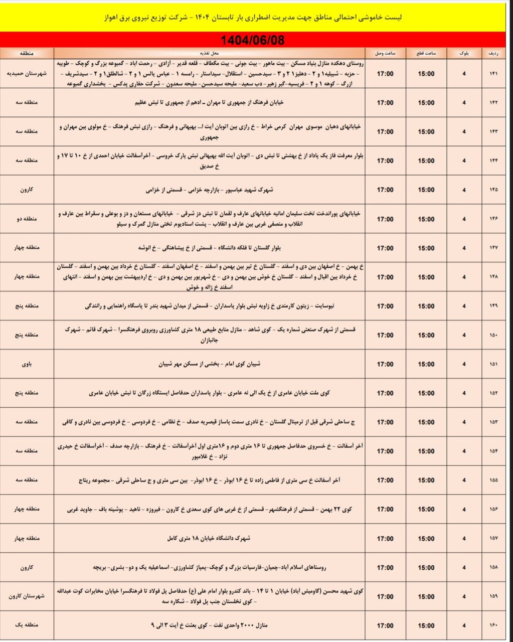 جدول خاموشی جدول خاموشی