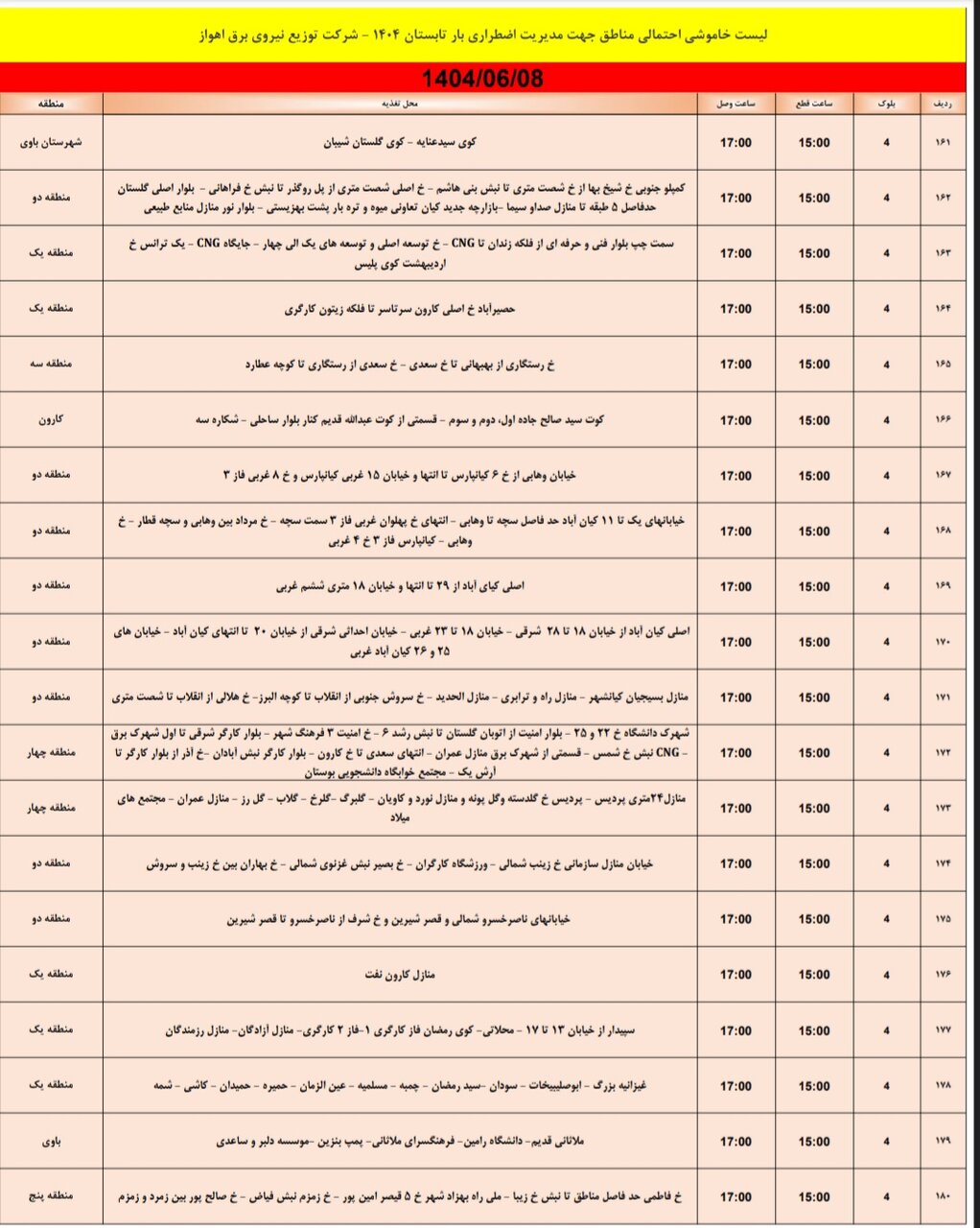 جدول خاموشی جدول خاموشی