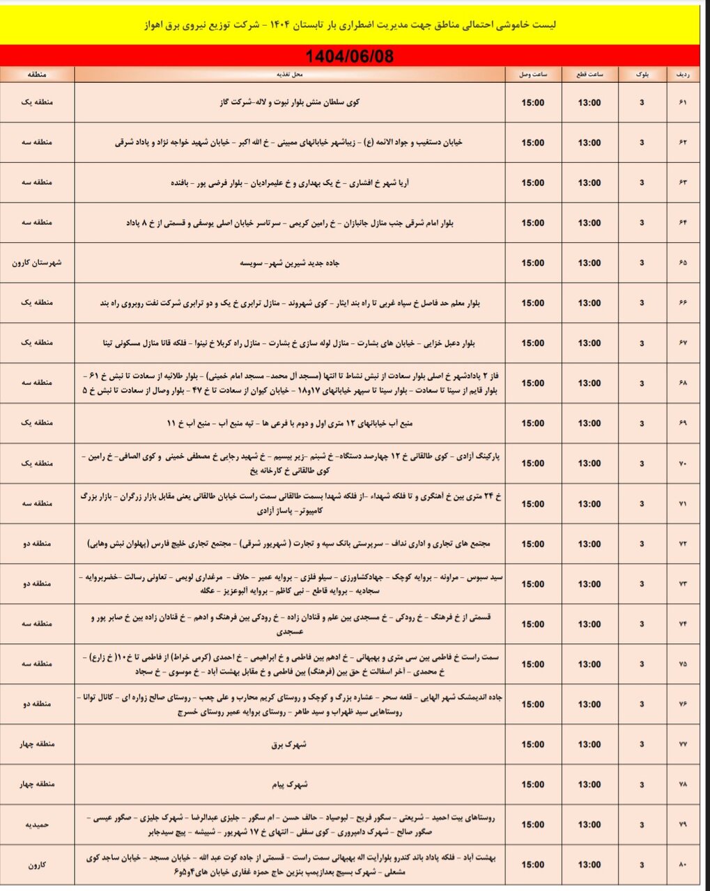 جدول خاموشی جدول خاموشی