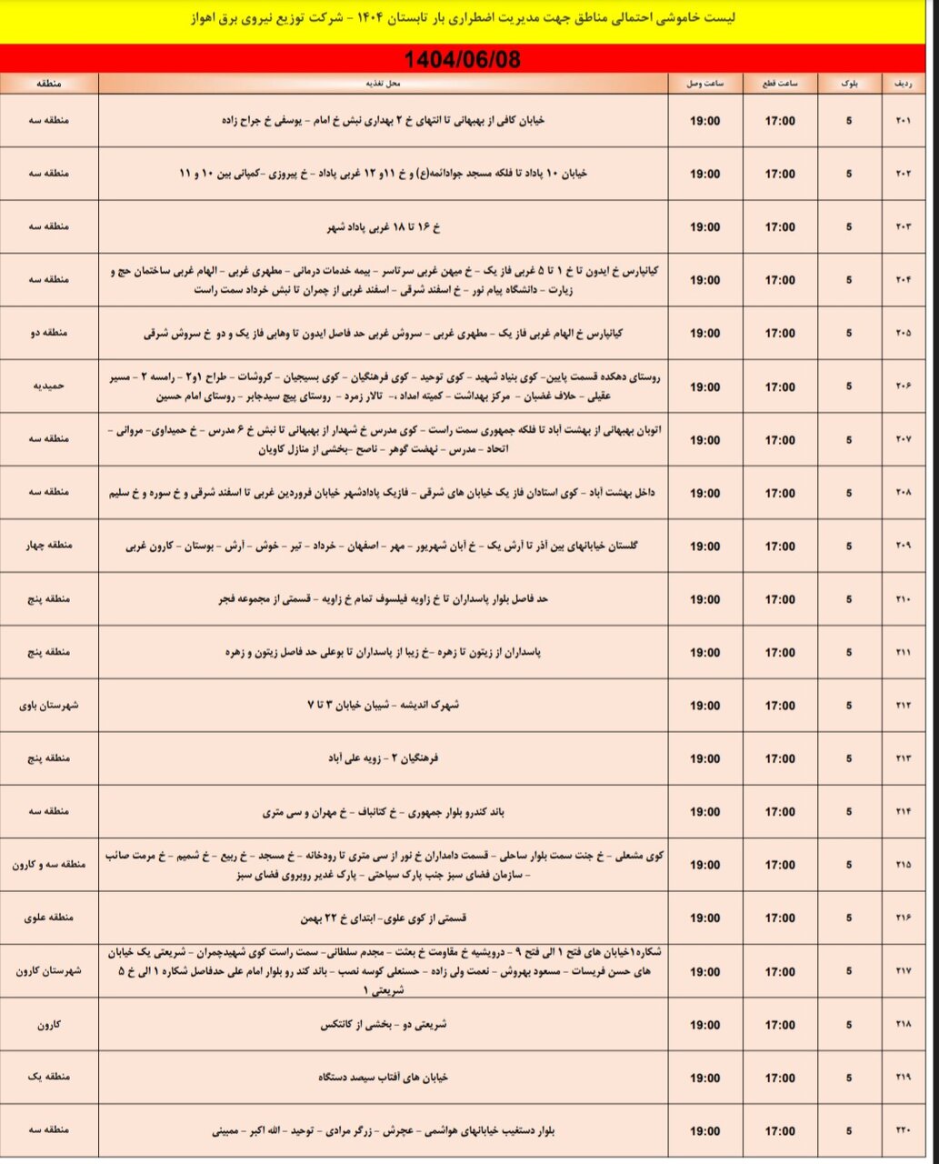 جدول خاموشی جدول خاموشی