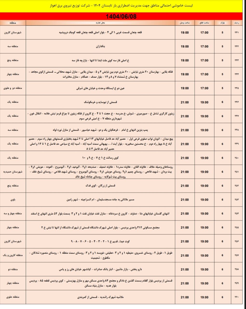 جدول خاموشی جدول خاموشی