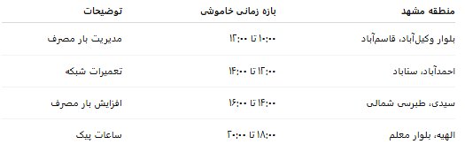 جدول قطعی برق مشهد امروز شنبه ۸ شهریور ۱۴۰۴ + ساعات و مناطق خاموشی