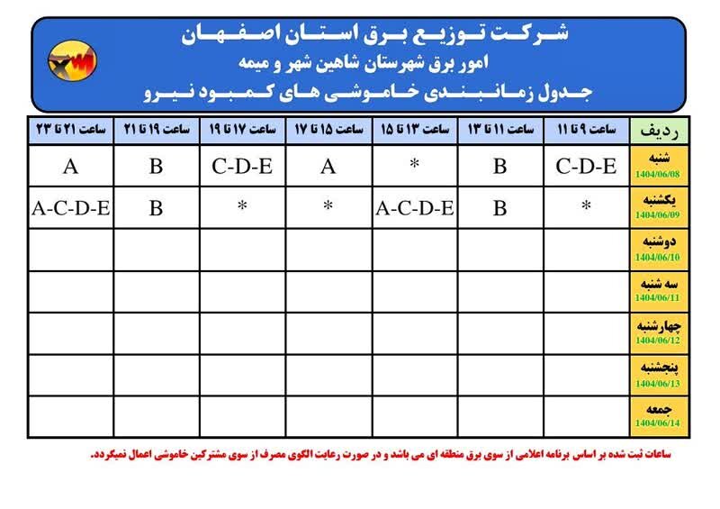 قطعی برق استان اصفهان امروز شنبه ۸ شهریور ۱۴۰۴ + جدول