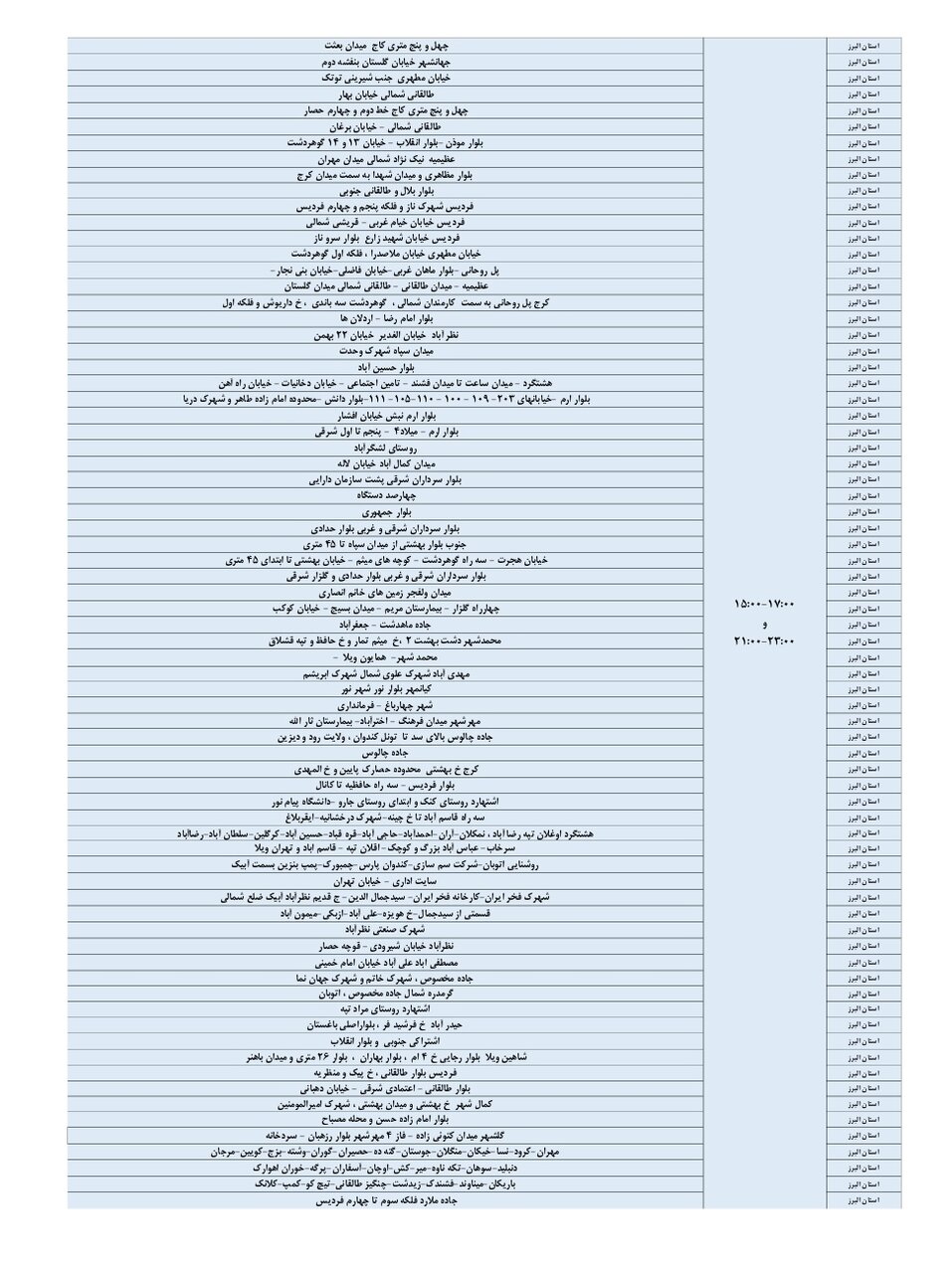 جدول قطعی برق استان البرز امروز شنبه ۸ شهریور ۱۴۰۴